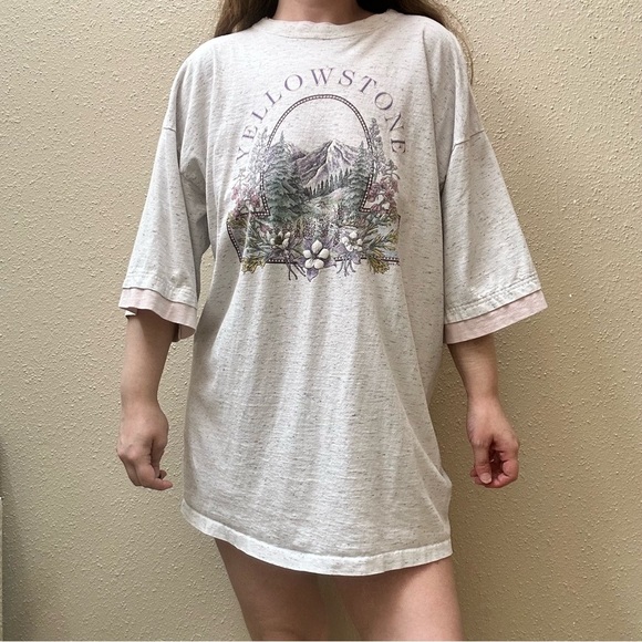Vintage 90s Yellowstone T-Shirt Dress Sleep Pajama XXL Pink Gray Outdoor Graphic - Picture 2 of 10